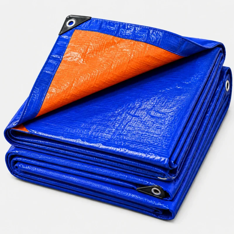 Folded Blue And Orange Tarpaulin With Grommets
