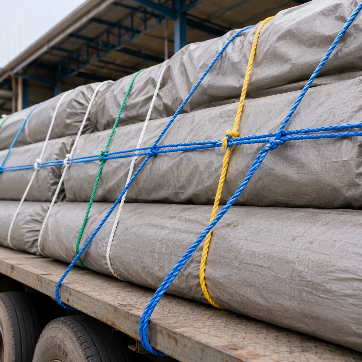 Industrial Load Secured With Colorful Ropes