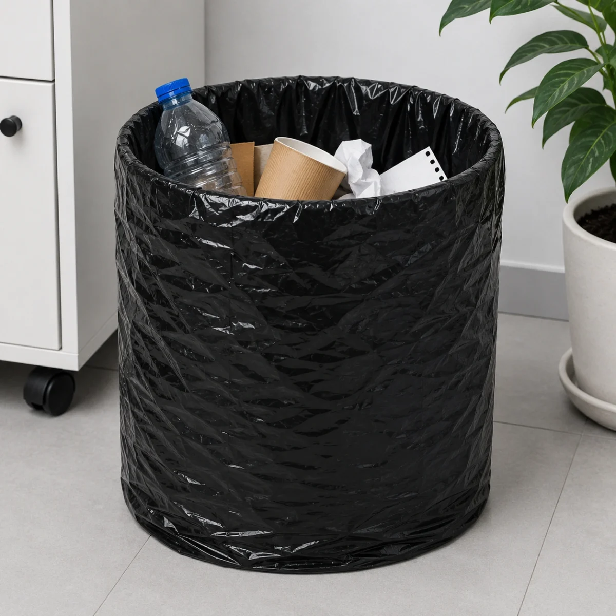 Minimalist Office With Trash And Plant