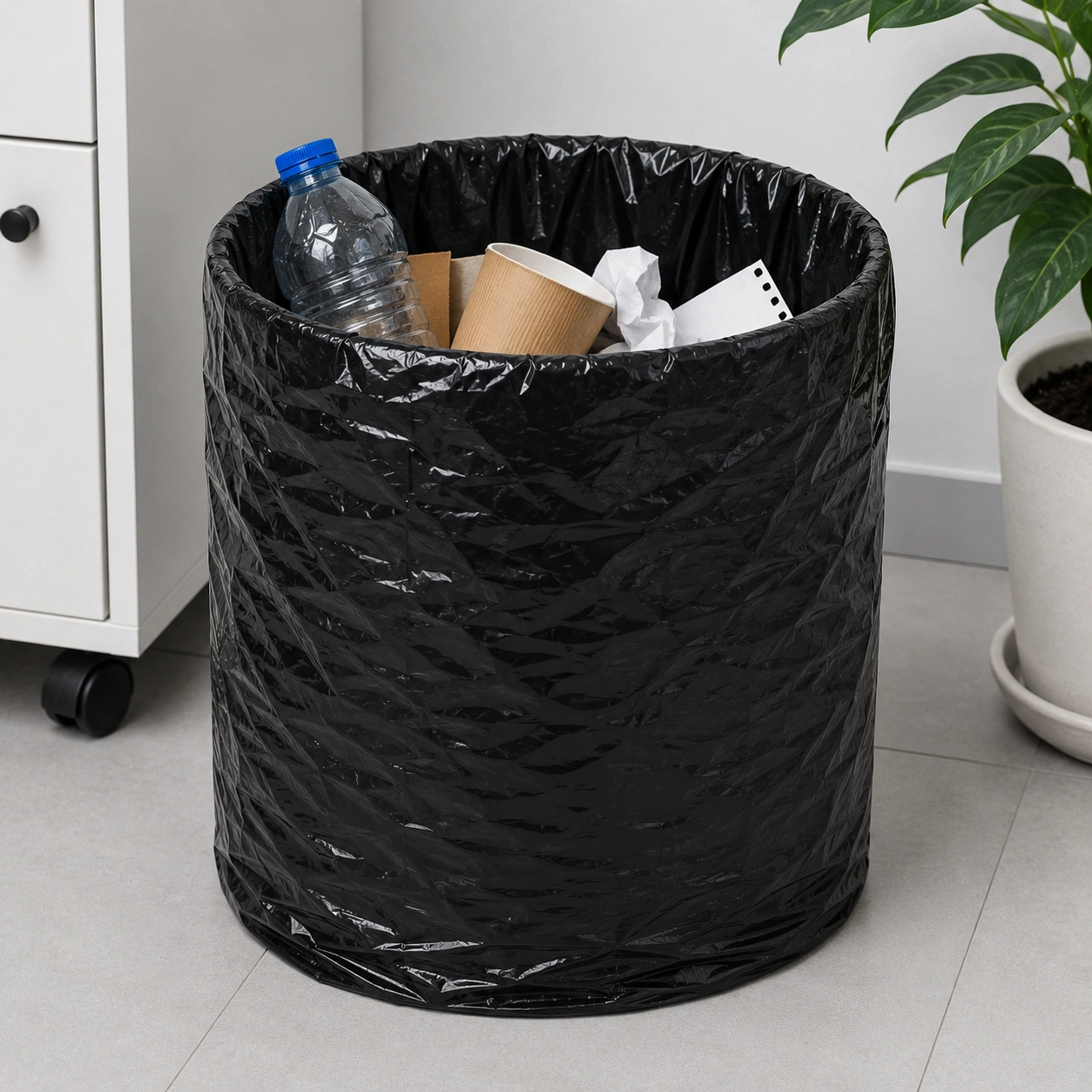Minimalist Office With Trash And Plant