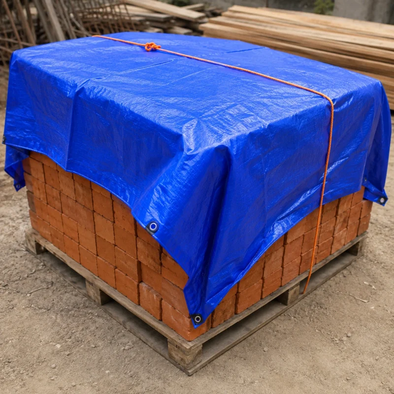 Stacked Bricks Covered With Blue Tarp