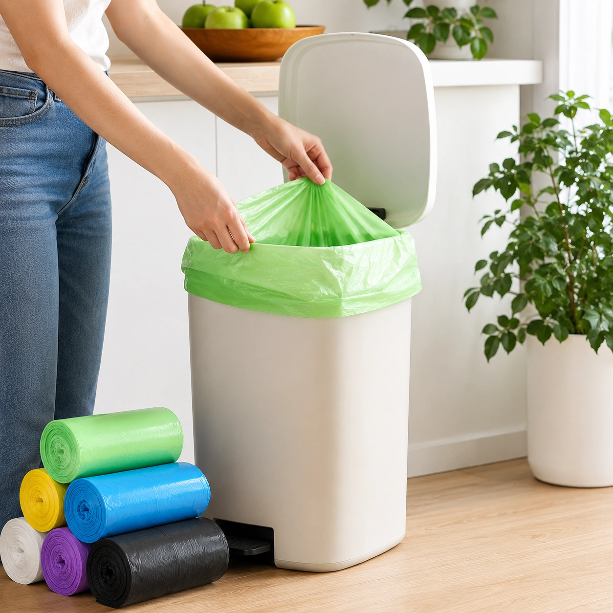 Tidy Kitchen With Colorful Trash Bags