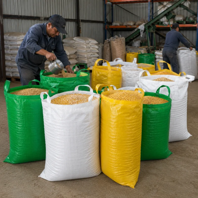 Warehouse Workers Handling Grain Bags